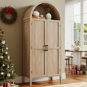 【CategorySelect】ONBRILL 71" Tall Arched Pantry Cabinet Furniture, Engineered Wood Freestanding Modern Storage Cupboard with 2 Pull-Out Shelves, 6 Door Shelves, Reinforced Base, Organizer for Kitchen, Dining Room