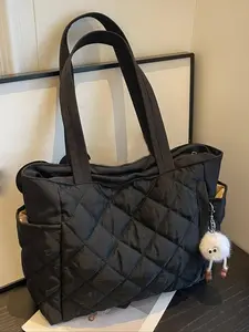 Women's Solid Color Puffer Quilted Design Shoulder Bag with Pom Pom Charm, Fashionable Large Capacity Tote Bag for Daily Used, Casual Commuter Bag, Casual Trendy Versatile High-quality Daily Commuting Bag
