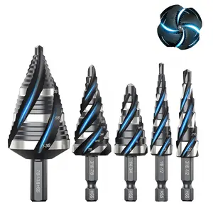 Four Spiral Flute Step Drill Bit Set, 5 Pcs HSS Step Drill Bits (1/8"-1-3/8") for Aluminum, Wood, Plastic & Metal Applications Similar to a Unibit