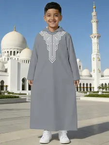 Boys' Grey Hooded Thobe with Modern White Geometric Embroidery - Kids Islamic Jubba for Ramadan & Eid