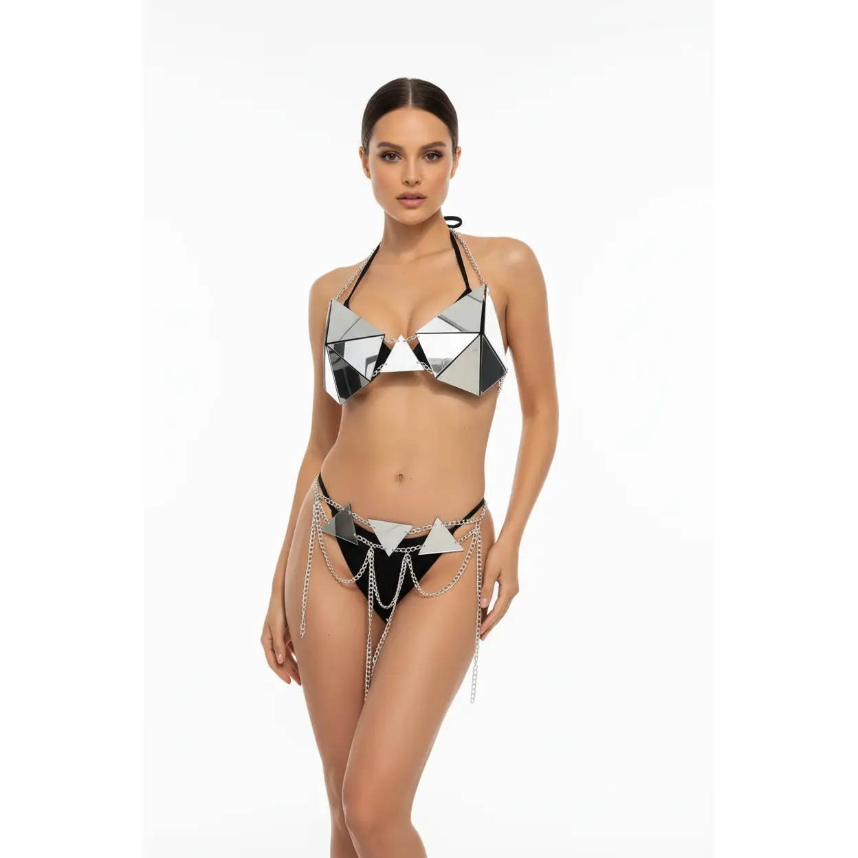 Futuristic Mirror Mirage Rave Two Piece Chain and Glass Outfit