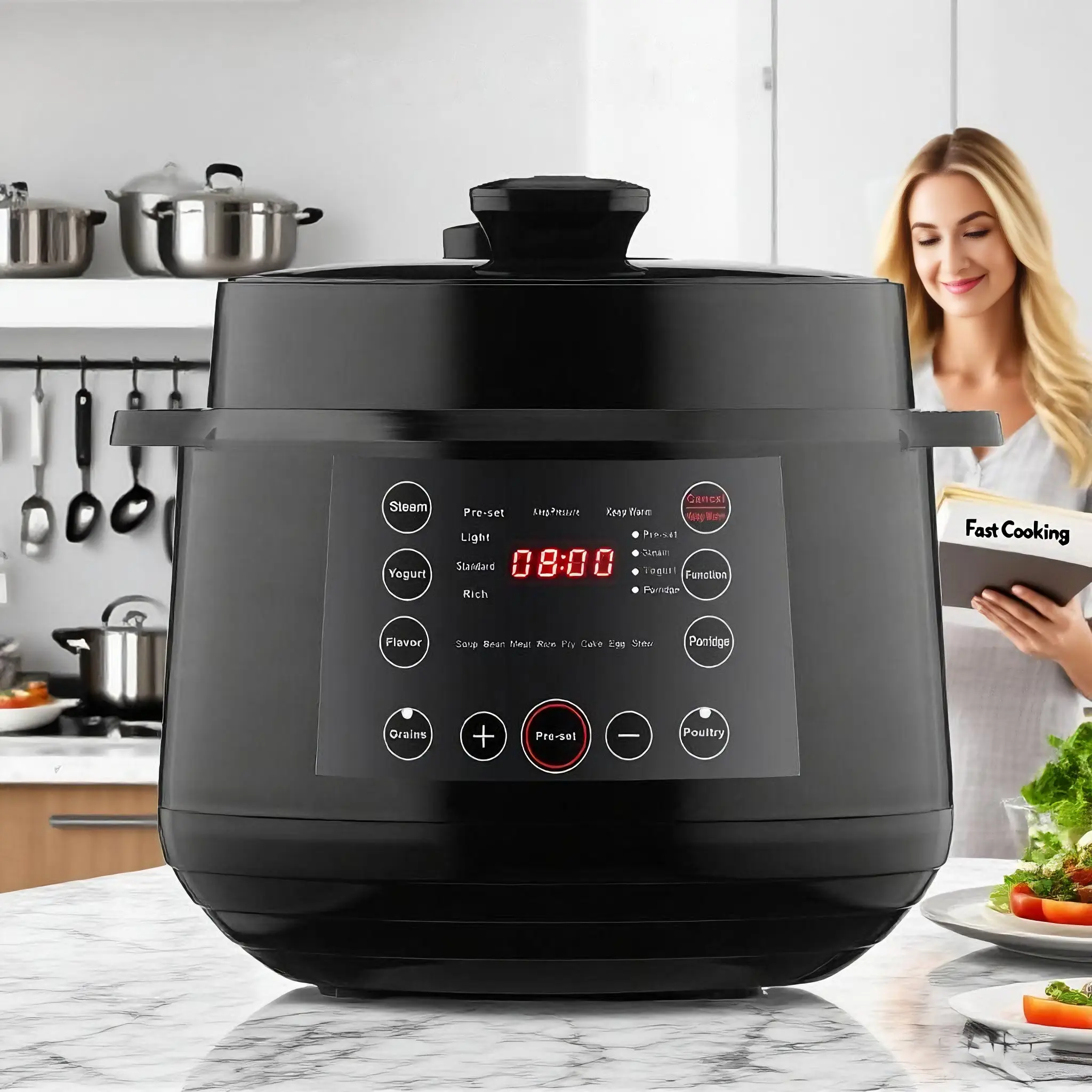FCPVHOY 9-in-1 Instant Multi Cooker - 6L 1000W Stainless Steel Programmable Multifunction Rice Cooker with Easy Clean Design, Keep Warm Function, Pressure Cook, Slow Cook, Steam, Sauté, Yogurt Maker for Busy Households