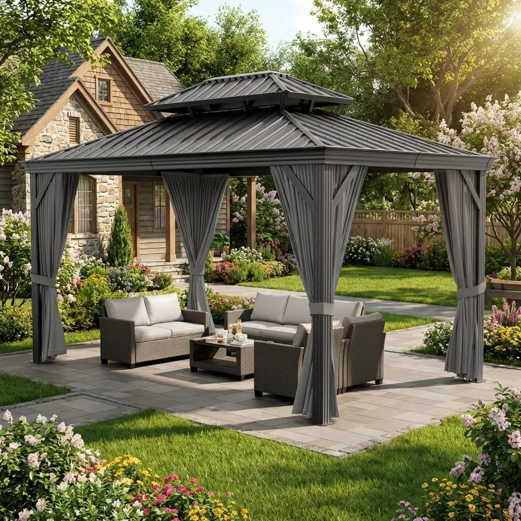 Garvee 18'x12' Hardtop Gazebo, Heavy Duty Aluminum Permanent Hardtop Gazebo Outdoor Pavilion with Curtains and Netting for Garden (Gray, 18'x12')