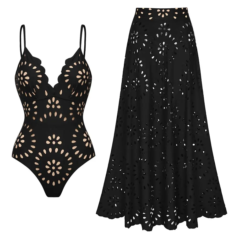FLAXMAKER Women’s Laser Cut Dotted Black One Piece Swimsuit and Cover Skirt Swimwear Set Chic Beachwear Stylish Bathing Suit Swimoutfit Swimming Suit #Summervibes outdoorfun #SwimWeek tiktokshopbacktoschool