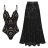 FLAXMAKER Women’s Laser Cut Dotted Black One Piece Swimsuit and Cover Skirt Swimwear Set Chic Beachwear Stylish Bathing Suit Swimoutfit Swimming Suit #Summervibes #SwimWeek #