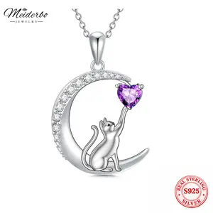 MEIDERBO Jewelry S925 Sterling Silver Cat Necklace Cat Birthstone Pendant Necklace Cute Animal Jewelry Gifts for Women