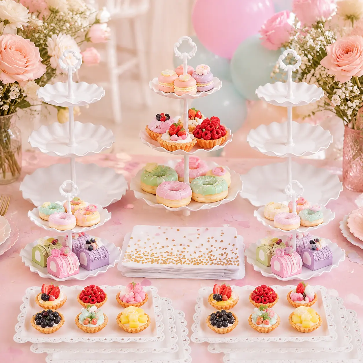 Chic 11-Piece Dessert & Party Serving Set, 6 Cupcake Stands, 4 Appetizer Trays & Polka Dot Tablecloth for Weddings, Birthdays and Celebrations