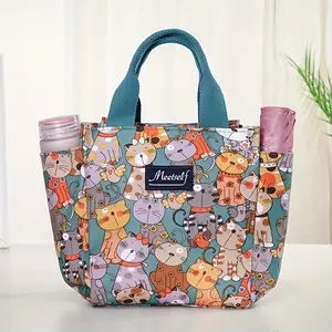 Trendy Nylon Tote Bag for School & College Cute Cat Print Lunch Bag & Handbag for Women Versatile Everyday Use with Playful Design