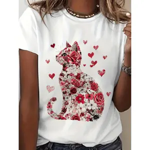 Graphic Print T-Shirt Featuring a Valentine'S Heart for Cat Lovers, Designed As a Casual Short Sleeve Crew Neck Top Suitable for Spring And Summer, Part of Women'S Apparel