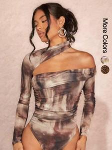women's all over print bodysuit, elegant fashion chic long sleeve slim bodysuit for club party, women's clothing for spring & fall, womenswear