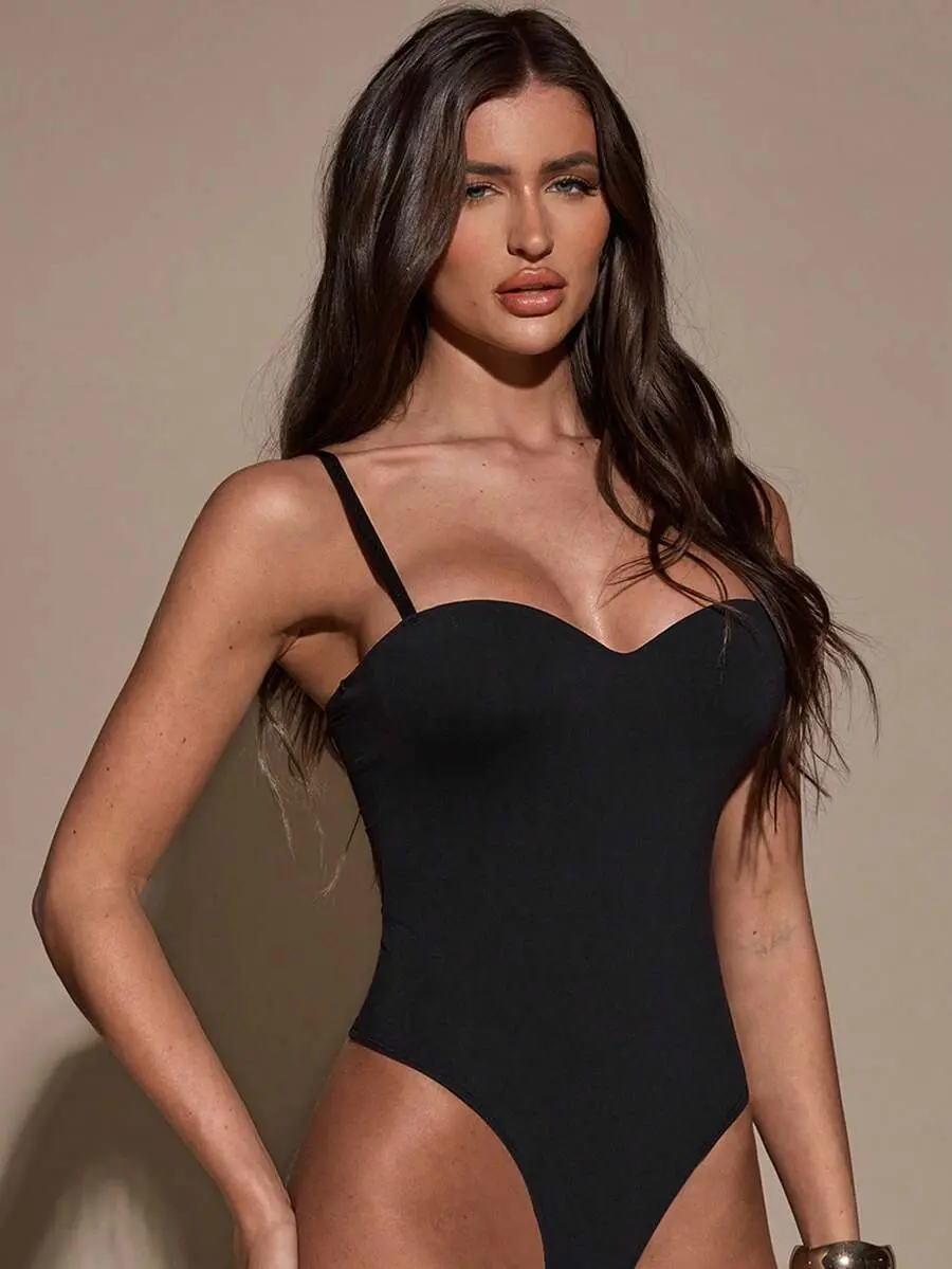 Women's Solid Camisole Bodysuit - Sweetheart Neck Spaghetti Strap Sleeveless Top for Party Night Out, Clubwear & Casual Summer Outfit