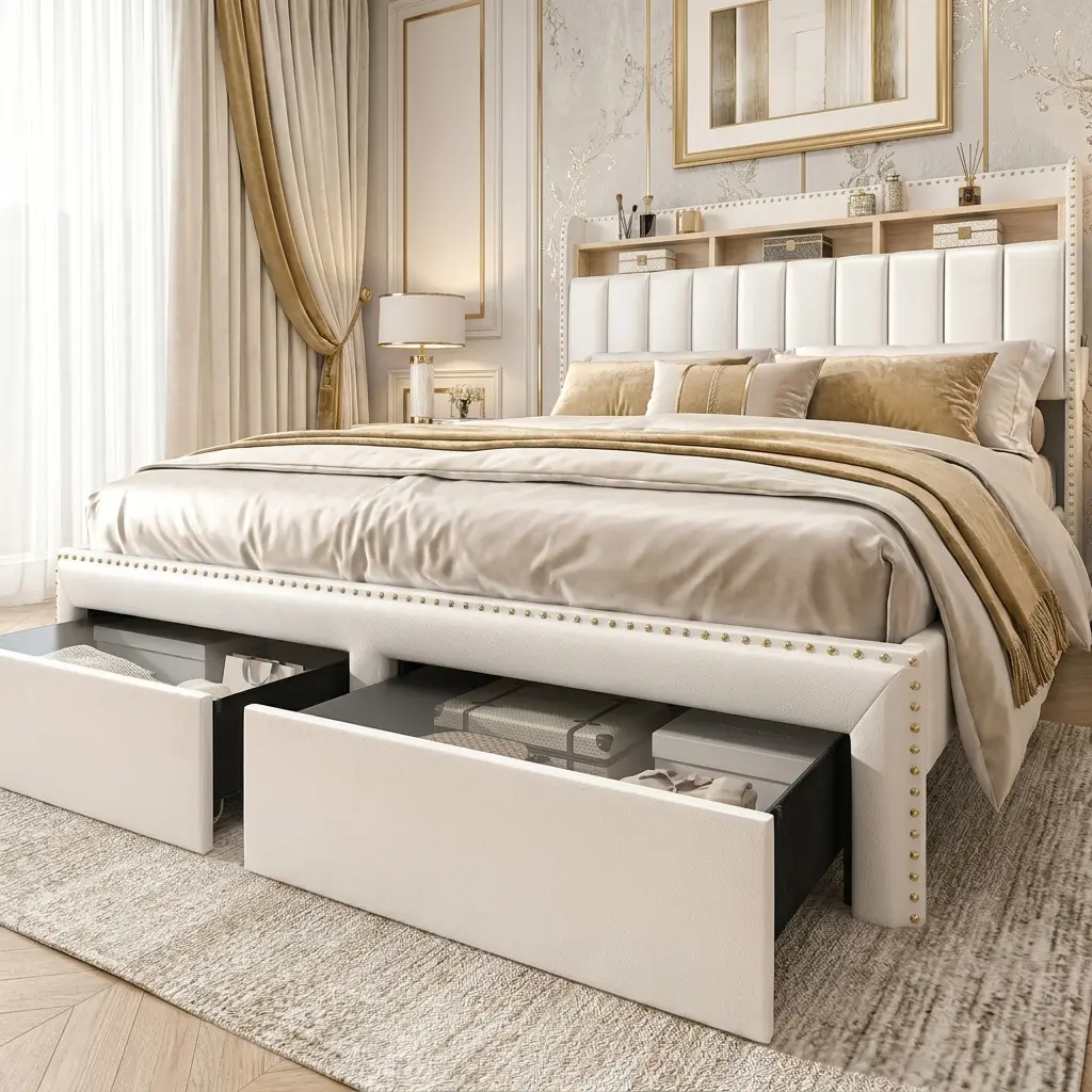 [Summerwins] SIBEDS Queen LED Bed Frame with Storage Drawers, Modern Cloud Platform Bed with Optional Mattress, Linen Upholstered Wingback Headboard, Channel Tufted Rivet Detail, No Box Spring Needed
