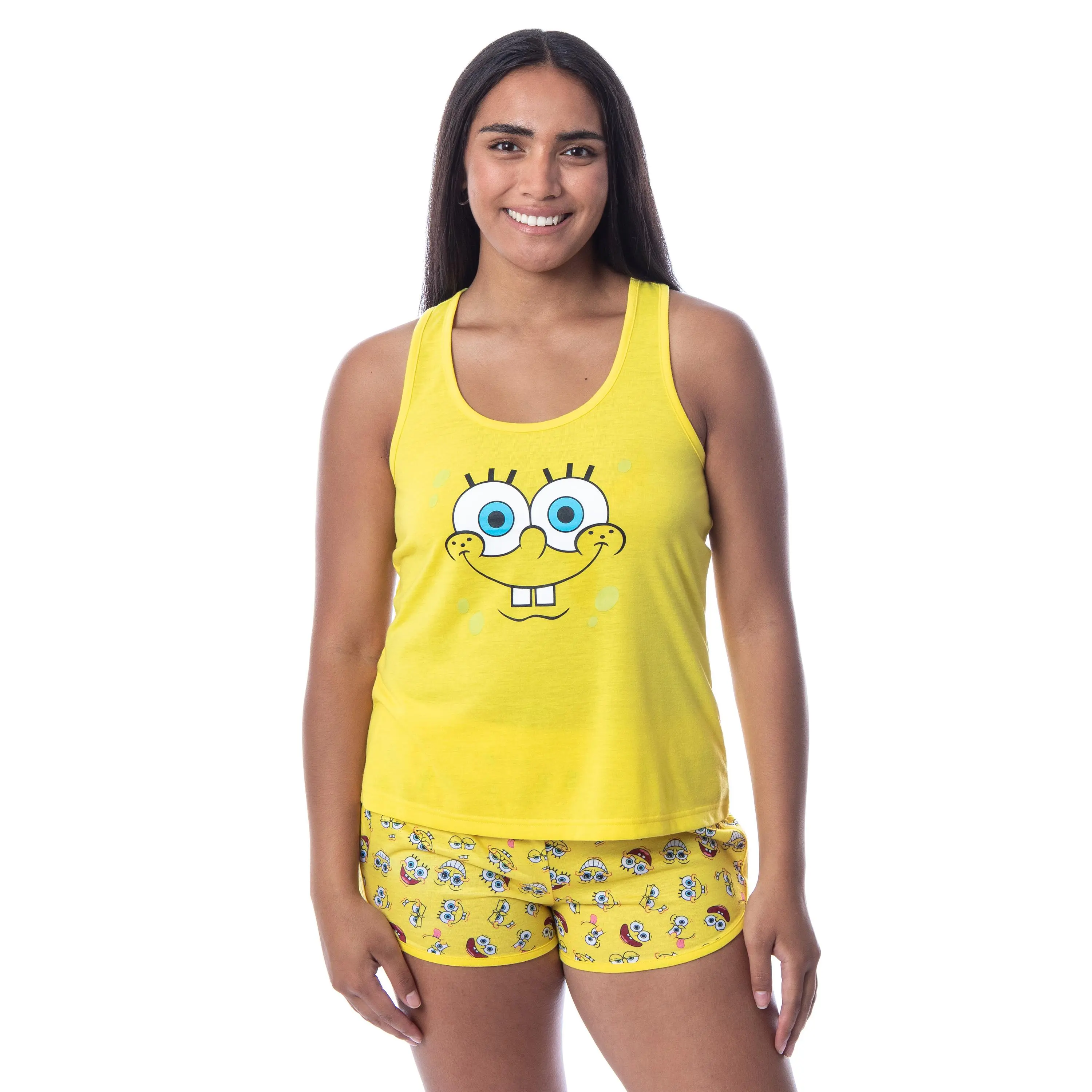 PJammy Women's Nickelodeon SpongeBob Pajama Set, 2-Piece Polyester Nightwear with Graphic Racerback Tank and All-Over Print Shorts, Bottoms, Apparel, Casual Wear, Lady, Style, Elastic, Sleeveless, Fabric