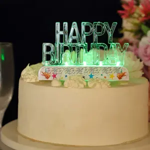 LED Cake Topper Multicolor Flashing Clear Acrylic - Perfect Happy Birthday Party Decor 5"x3"