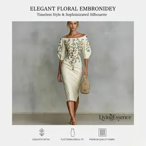 Women's Elegant Off Shoulder Midi Dress, 3/4 Sleeve Flower Embroidered Slim Pencil Skirt with Slits, 2026 Party Cocktail Party DressRAIMENTRY