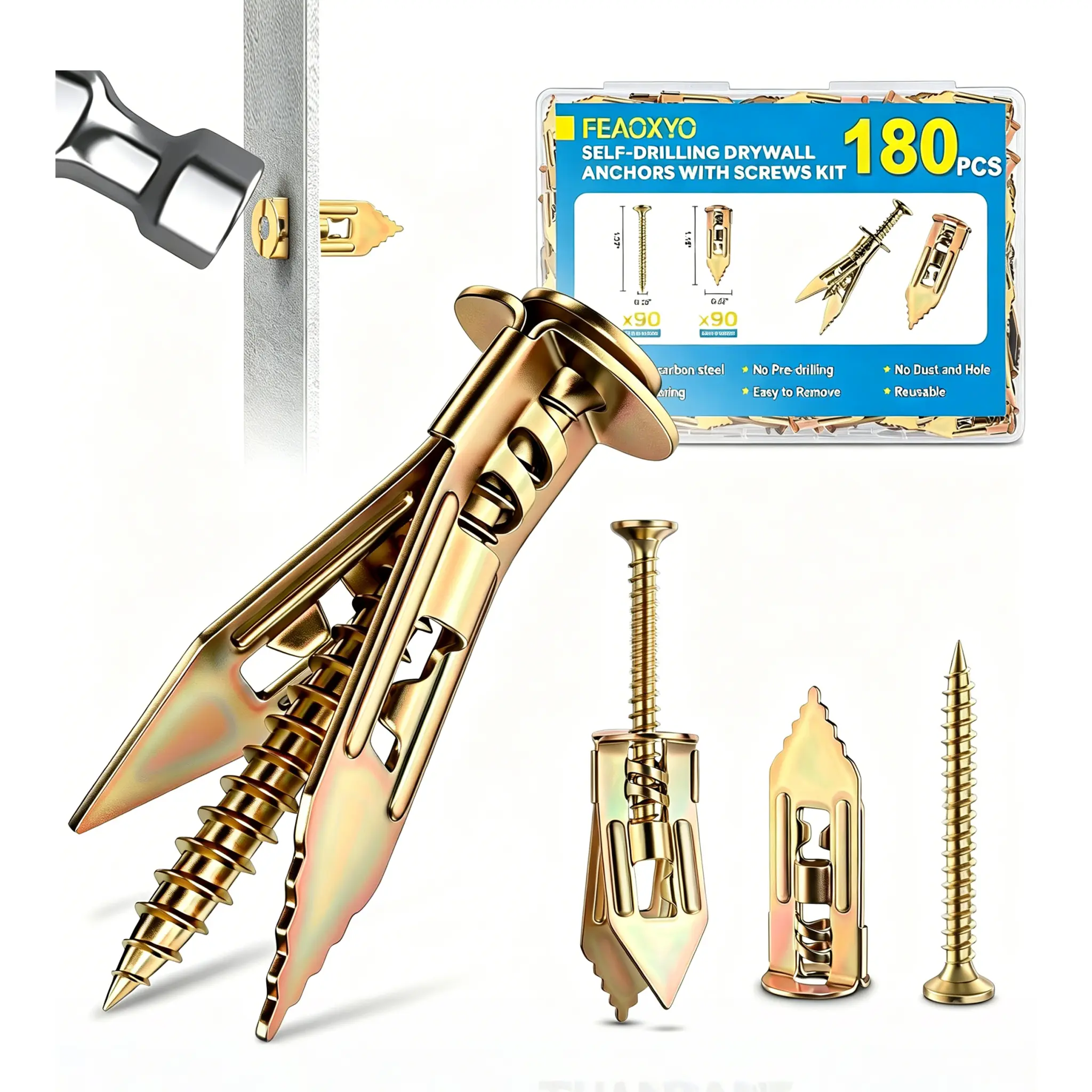 180PCS Self-Drilling Drywall Anchors & Screws Kit, 90 Zinc Expansion Anchors +90 Screws, Zinc Coated Heavy Duty Wall Fasteners, No Pre-Drill Wall Anchor Assortment, Corrosion Resistant for Home Wall Mount Repairs