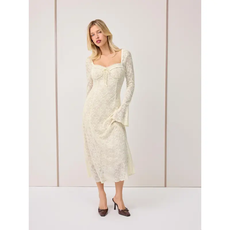 knee length dresses for ladies Doting Bell Sleeve Cut-Out Midi Dress Champagne Selfie Leslie