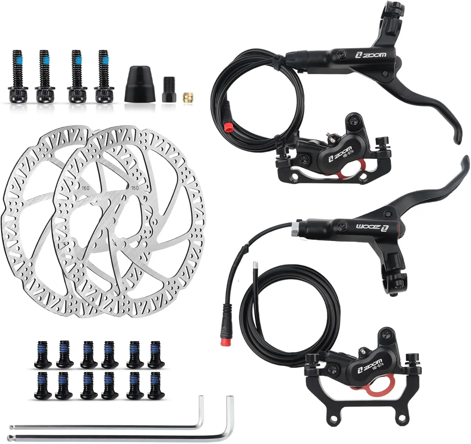E-Bike Hydraulic Disc Brake Set with 4-Piston Hydraulic Calipers and Power-Off Sensor, Complete Kit with 160/180mm Rotors, Universal Adapter & 72.8-Inch Rear Pre-Coated Mineral Oil Tubing