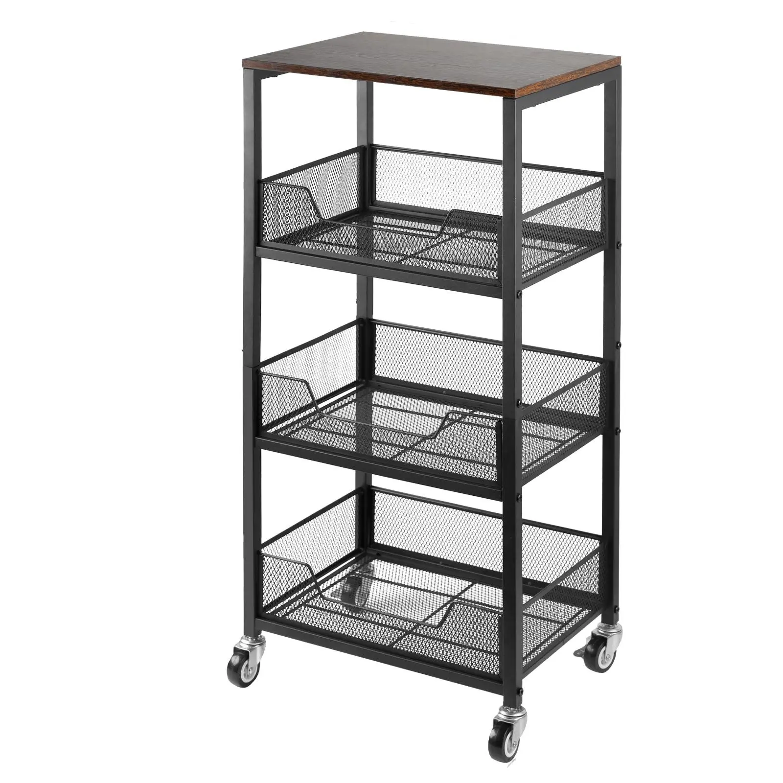 3-Tier Wooden Top Floor Standing Utility Cart, Metal Mesh Basket Racks with Built-In Bins, Movable Bottles Organizer for Kitchen, Bathroom, Floor Standing Utility Carts
