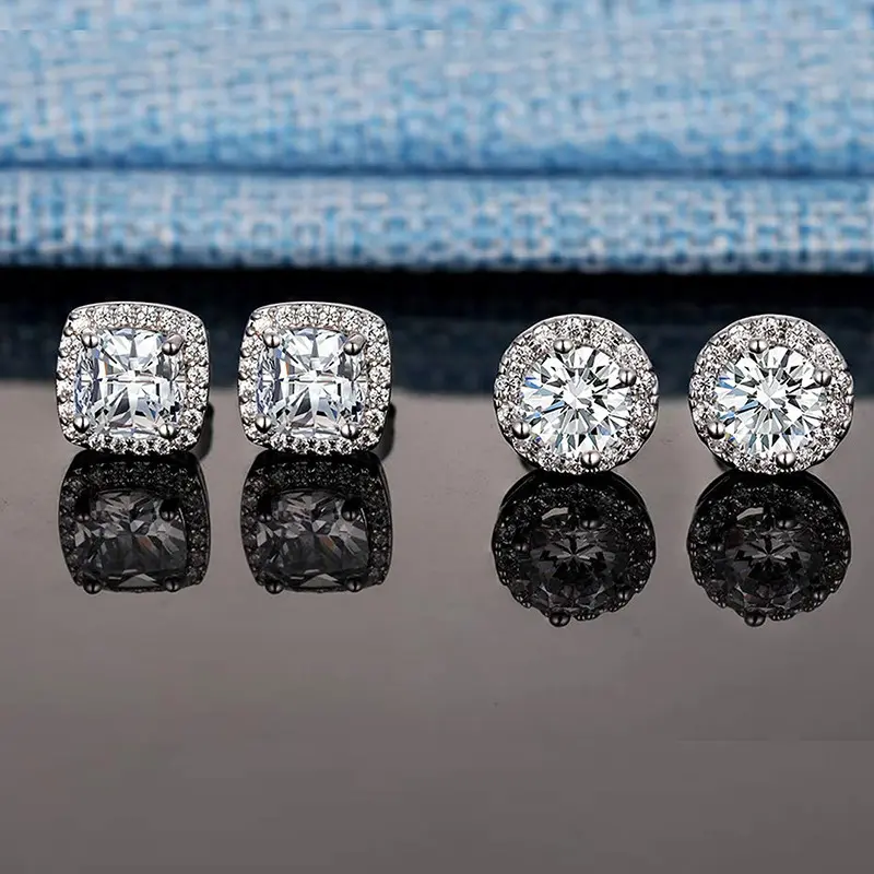 6mm Elegant Hypoallergenic Gold-Plated Silver Cubic Earrings Set - 2 Pairs, Male-Female Couple-Suitable, Large Imitation Diamond, Engagement-Ready Fashion Costume Jewelry