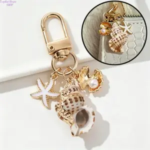 Cute Asymmetrical Shell & Starfish Wallet Pendant Keychain, 1pc Unique Ocean-Inspired Women's Costume Jewelry, Nautical Bag Accessory