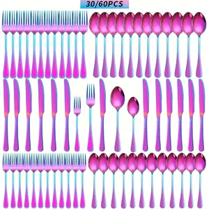 30/60pcs Stainless Steel Rainbow Flatware Set Colorful Silverware Set, Iridescent Cutlery Utensils Set Service For 6/12, Mirror Polished, Dishwasher Safe Ideal For Gift Giving, Parties, Home And Restaurant Use Metal Tableware
