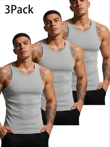Men's 3-Pack Compression Performance Vest, Solid Sports Vest, Daily Training Wear, Comfortable and Durable, Ideal for Gym and Workout Sessions