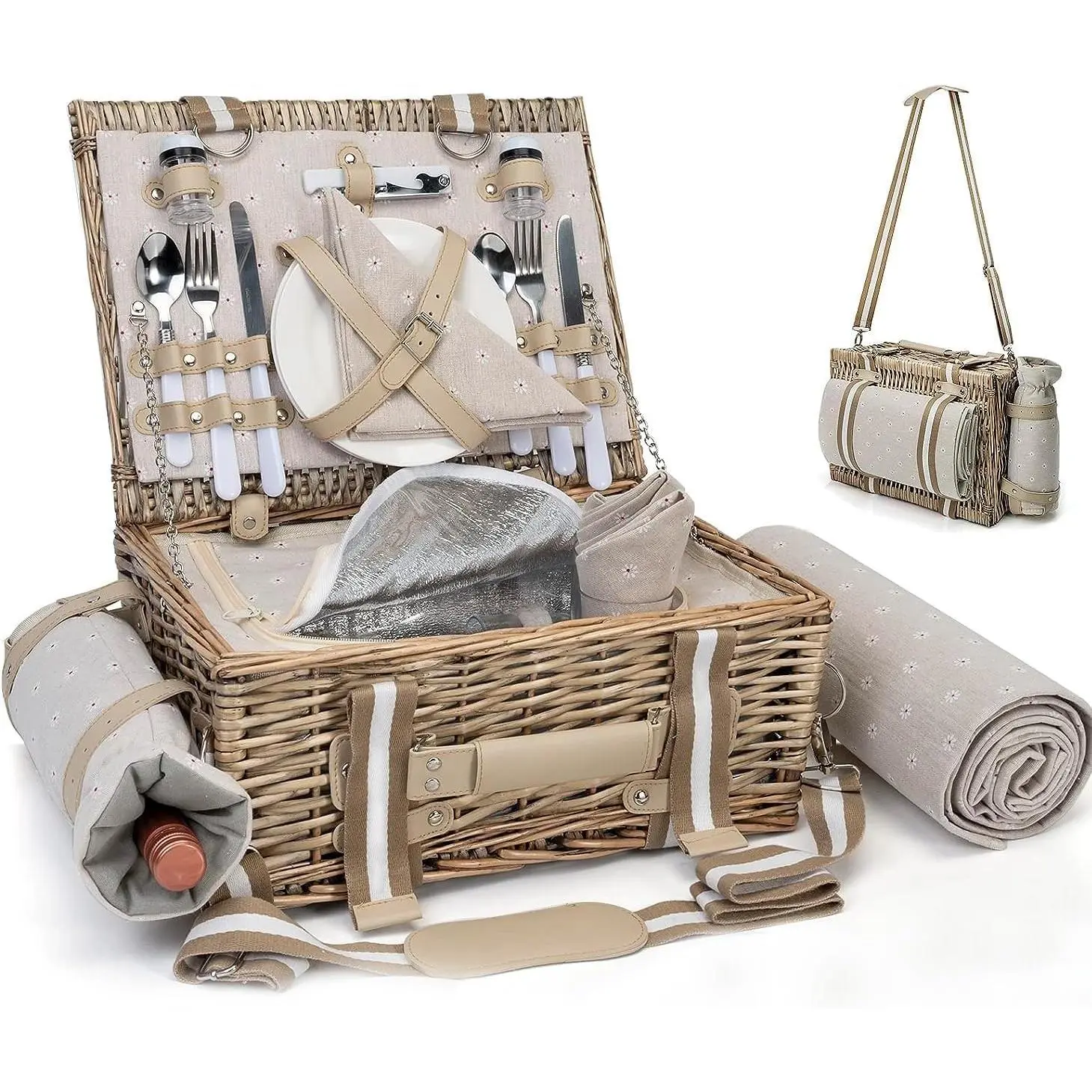 19 count Picnic Basket for 2 with Insulated Liner and  Picnic Blanket  Pouch, Large Wicker Picnic Hamper for Camping,Outdoor,Valentine Christmas for Couples