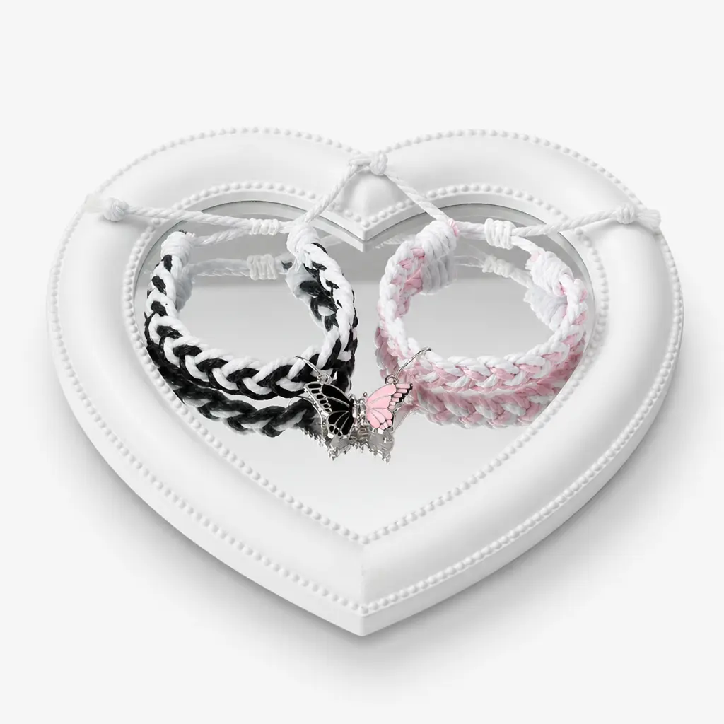 Magnetic Half-Butterfly Animal Couple Bracelets, Zinc Alloy 5.5 inches to 9.8 inches Adjustable Black & White Braid Casual Jewelry Set for Long Distance Relationship Gf Gift