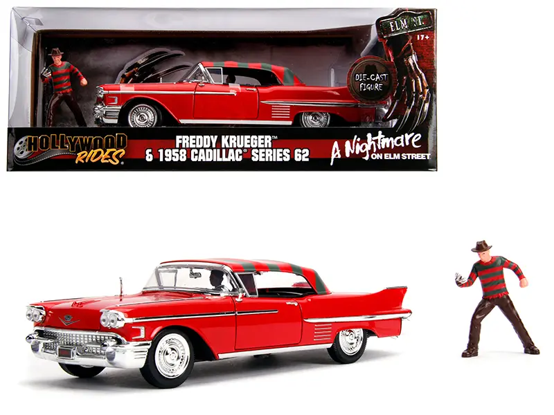 1958 Cadillac Series 62 Red w/Freddy Krueger Diecast Figurine "A Nightmare on Elm Street" Movie 1/24 Diecast Model by Jada