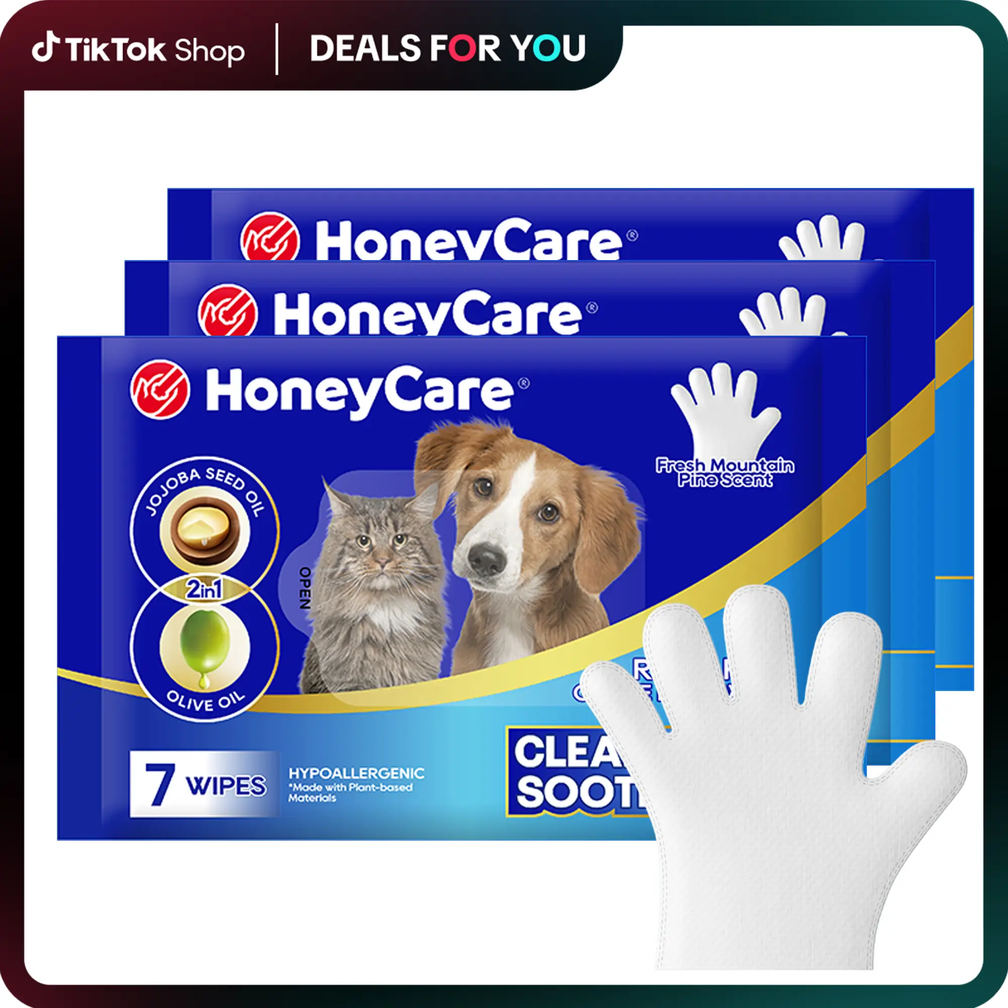 HONEYCARE: All-Absorb Pet Glove Wipes for All Pets | Dogs & Cats | Hypoallergenic | No Foam | Disposable No Rinse Shampooing Gloves
