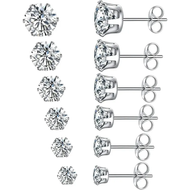 Titanium Stud Earrings with Cubic Zirconia, Simple Round Unisex Jewelry Set, Hypoallergenic for Daily Wear, Male, Adults, Geometric, Butterfly Back, Multi-Size, Aaa+, Butterfly Buckle, Casual, Metal Coating