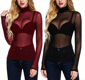 2PCS Wine red+Black Women'S Fashion Mesh White&Black Solid Color Top Mesh Shirt For All Season Womenswear