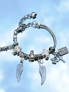 1 piece minimalist antique silver wing pendant bracelet, Charm bracelet, Statue of Liberty pendant bracelet, cross bead bracelet, classic vintage style, adjustable DIY bracelet, travel souvenir gift, vacation outfit bracelet
