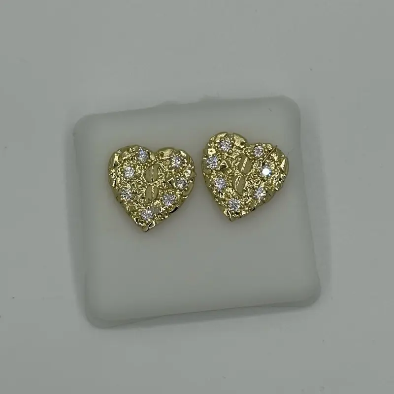 Gold Nugget Diamond Heart Earrings 17MM with Sparkling Design