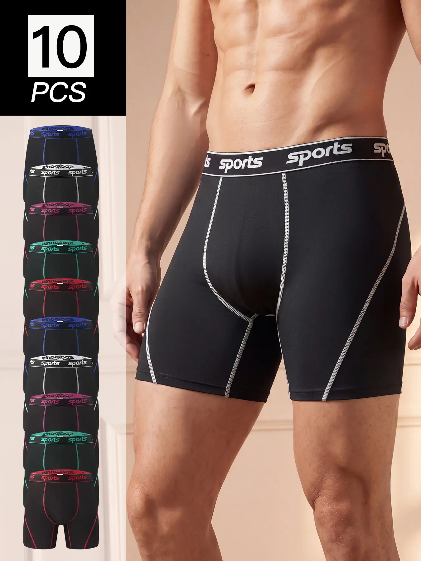 Men's 10PCS/Pack Stretch Boxer Briefs, Stretchy Sports Underwear, Long Leg No Ride Up Moisture Wicking Quick Dry Breathable Underwear, Anti Chafe Athletic Sports Boxers for Men, Running Cycling Workout Gym, Big & Tall Loose Fit Assorted Colors All Season