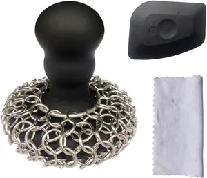 Chainmail Scrubber with Silicone Handle — 316 Stainless Steel Cast Iron Cleaner, Scraper & Bamboo Towel Set | Skillet, Wok, Grill Pan