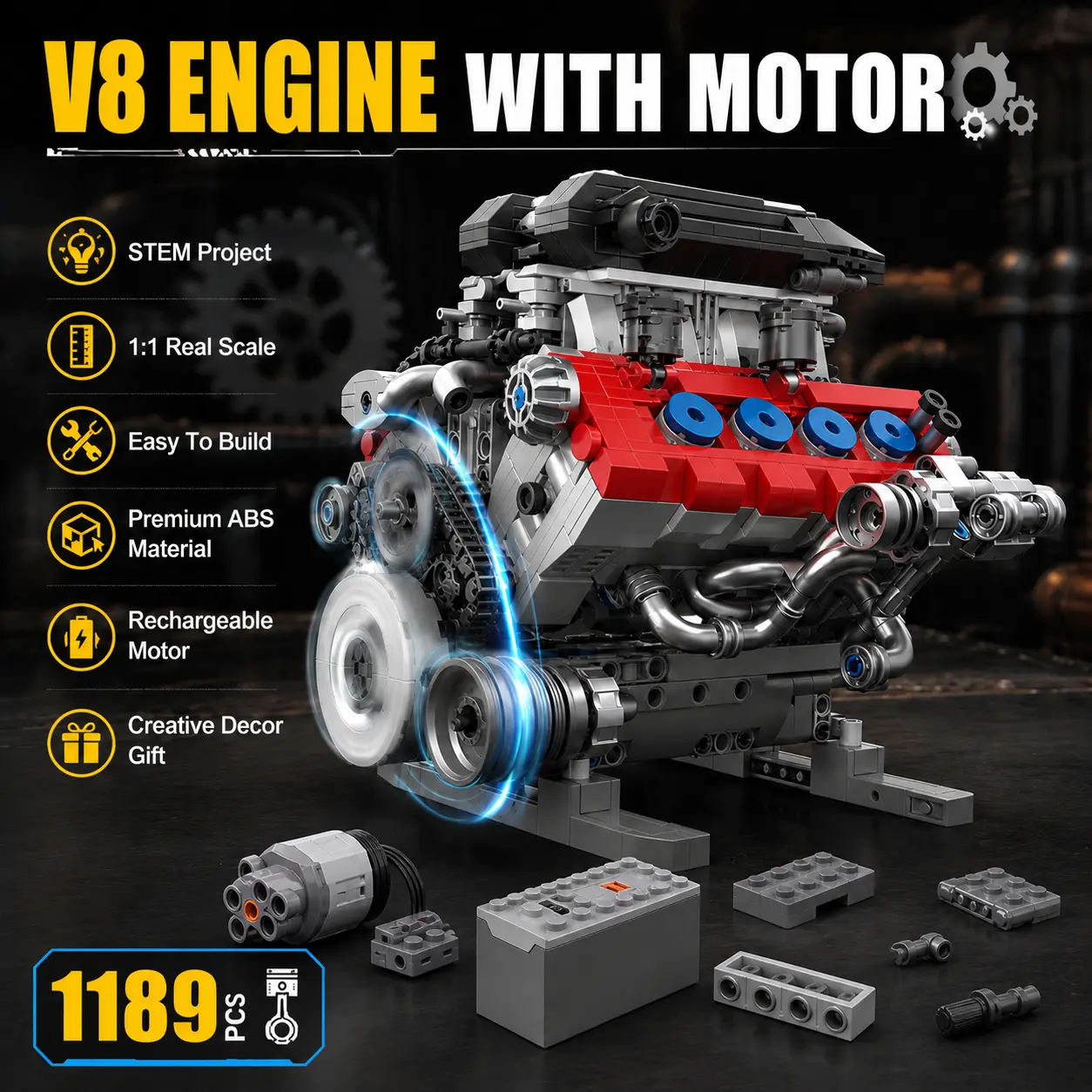 Functional V8 Engine Building Blocks Set, 1189-Piece STEM Model Kits, DIY Engineering Model, Ideal Gift for Ages 14+, Creative Gift for Car Enthusiasts & Mechanical Collectors
