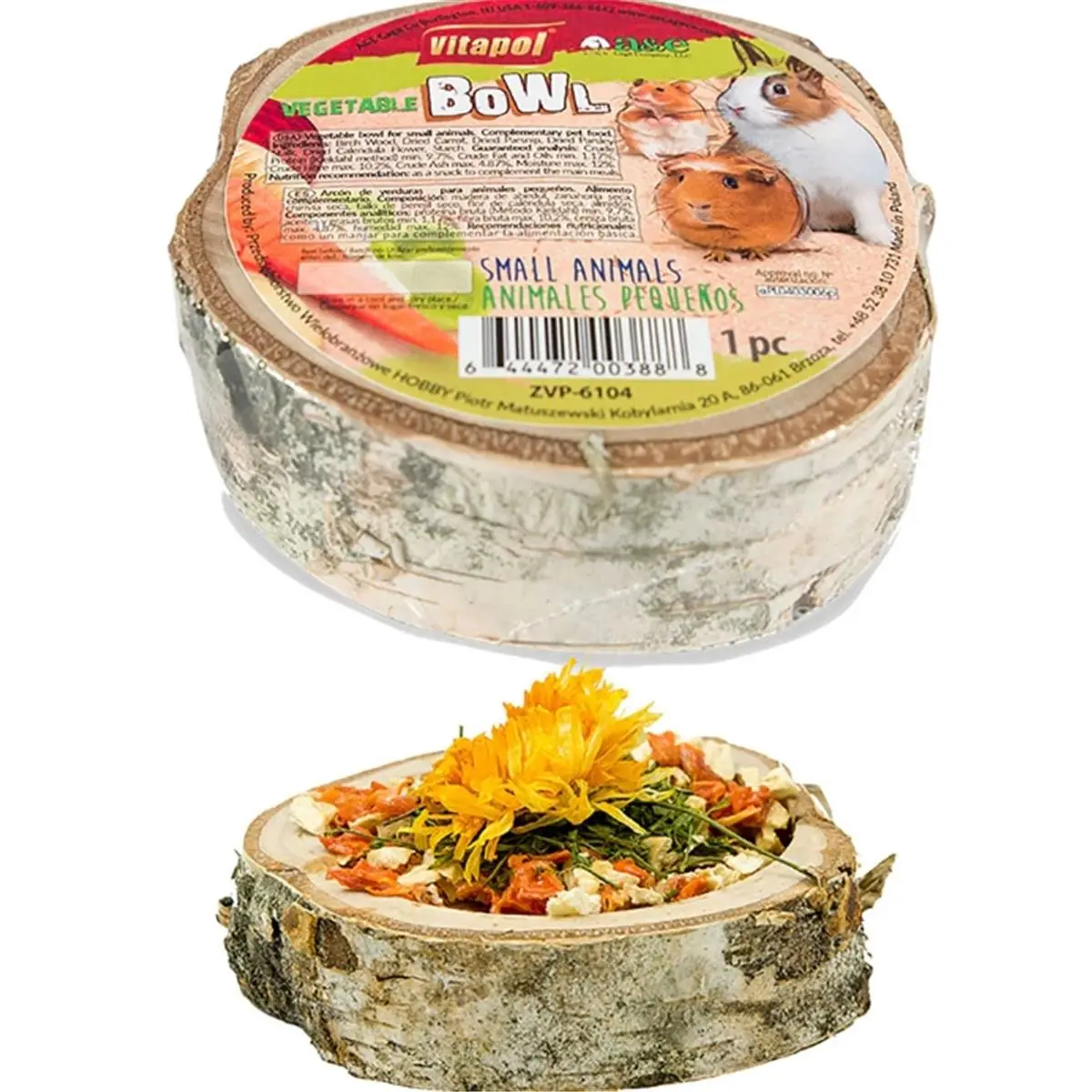 A&E Cage 644148 Vitapol Natural Wood Bowl - Small Chewable Bowl/Dish for Small Animals' Tasty Treats & Vegetables, 1 Pc