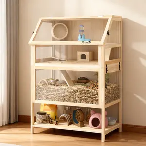 Wooden Hamster Cage For Wood Acrylic With Detachable Lower Floor, Storage Shelf, Hut, Seesaw, Exercise Wheel