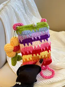 New rainbow mobile phone bag, wool handmade crochet messenger bag, shoulder bag, gift cute finished product