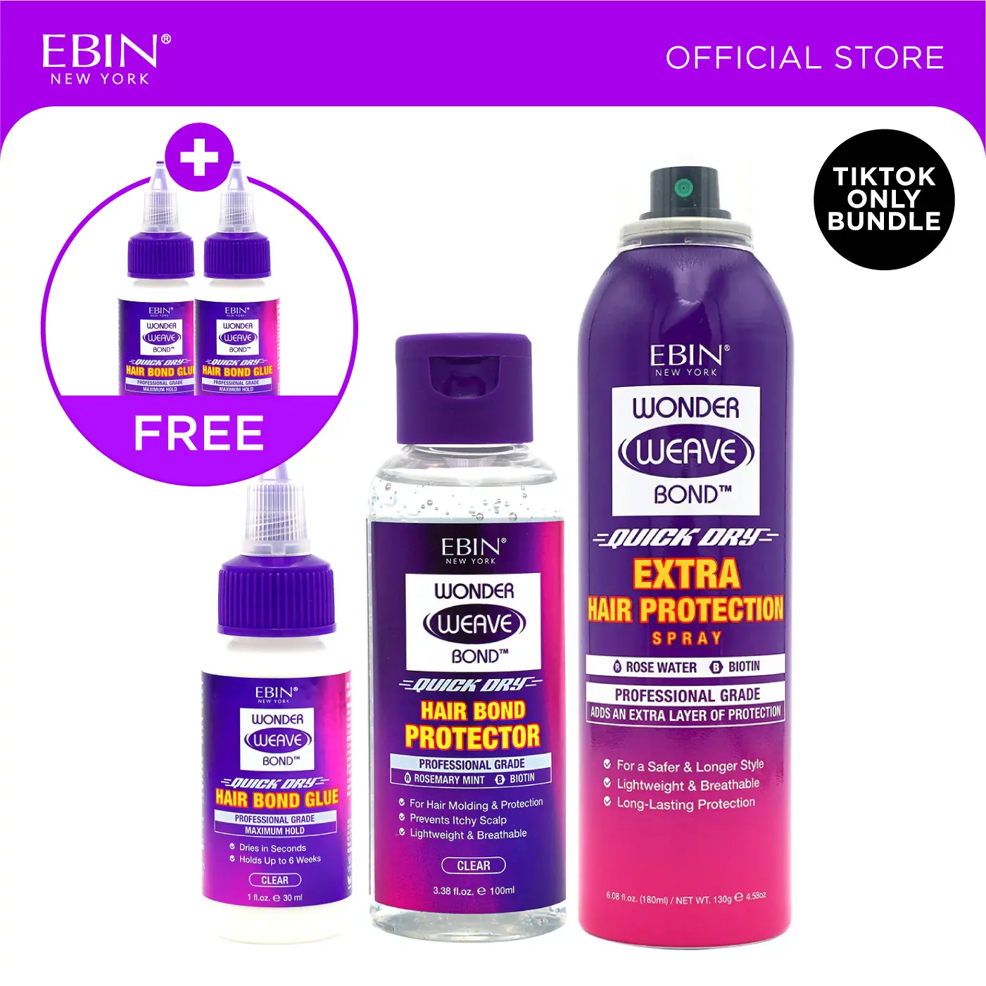 EBIN Wonder Weave Bond 3-Step Install & Care Bundle - Hair Bond Glue + Hair Protector + Extra Hair Protection Spray with FREE Bond glue | Up to 6 weeks hold, Quick dry, Healthy hair