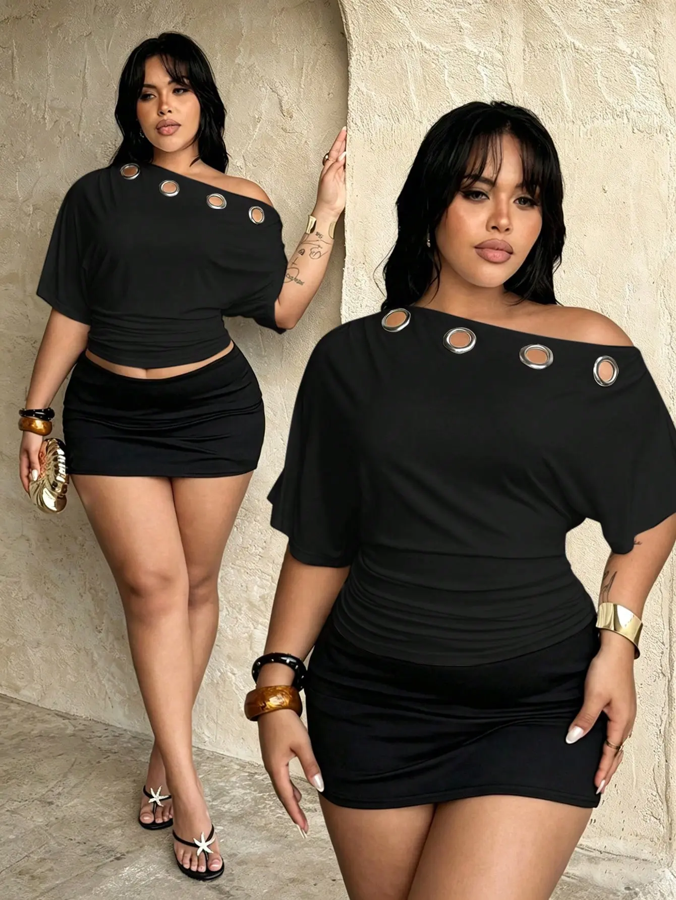 LALUZ Asymmetrical Shoulder Top Plus Size Women Eyelet Neckline Ruched Waist Casual Everyday Wear Spring Summer