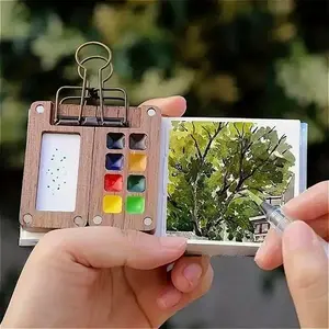 Mini Travel Watercolor Palette Set, Watercolor Painting Supplies, 5/set 8/15-Portable Wooden Watercolor Paint Box with Sketchbook & Color Pigments & Refillable Water Brush & Clip, Portable Art Supplies for Indoor & Outdoor