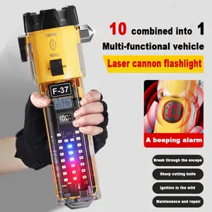 10-in-1 multi-function safety hammer window breaker with strong LED long-range portable flashlight, USB rechargeable, magnetic flash alarm, suitable for outdoor adventures and emergency escape tools
