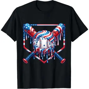 Baseball Drip Patriotic Ice Cream US Flag Youth Boys T-Shirt Fabric Soft Breathable Summer Casual Daily Wear Short Sleeve Top