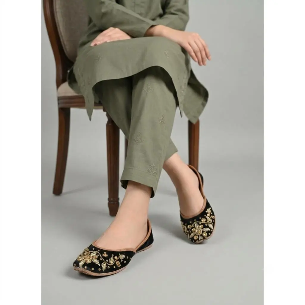 Women's Elegant Velvet Closed-Toe Slip-On Ankle Khussa Flats - Traditional Tilla Embroidery, Stone Accents, All-Seasons Festive Comfort Footwear
