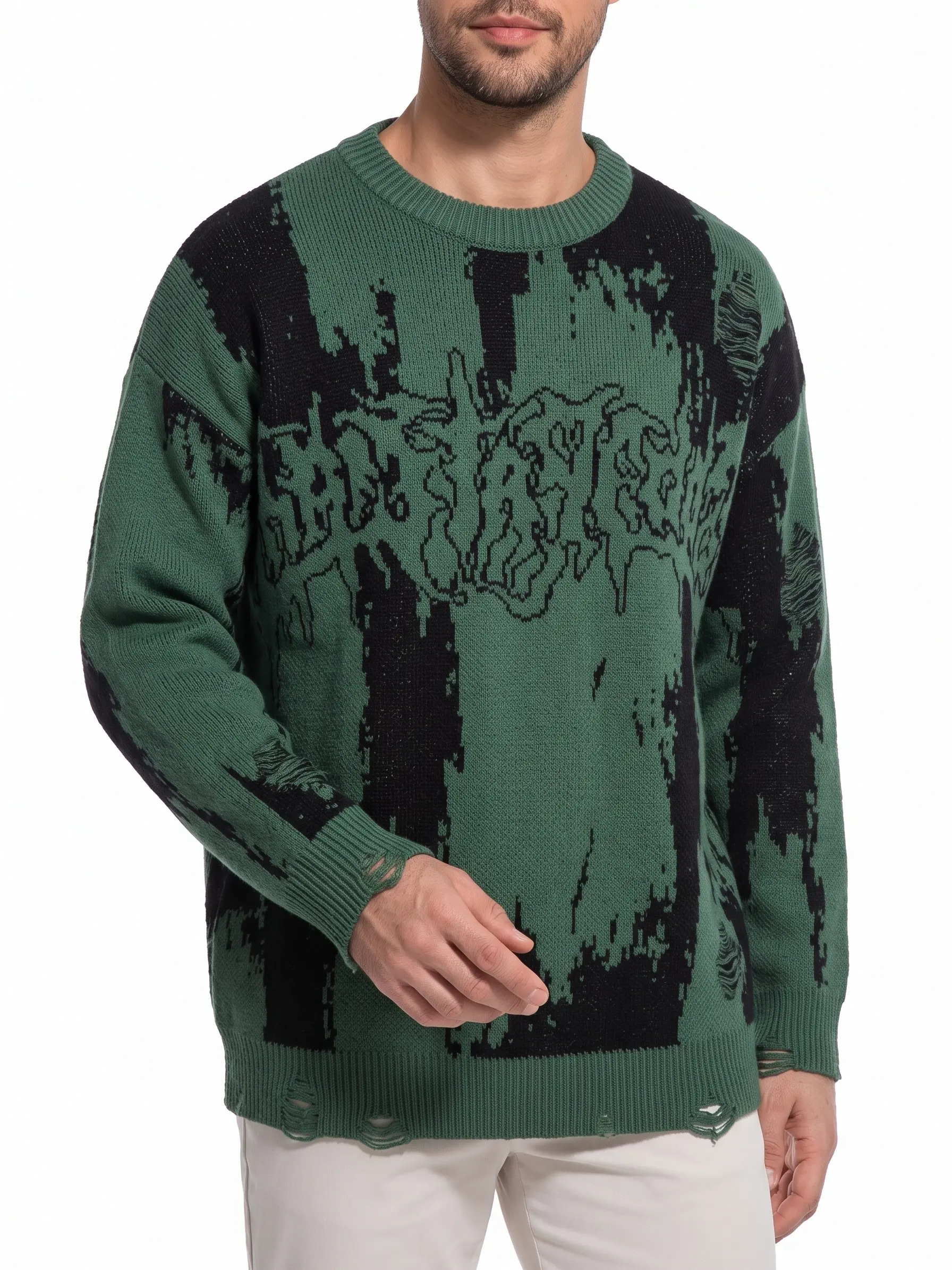 Men’s Distressed Graphic Sweater, Oversized Crewneck Knit Pullover for Streetwear Y2K Grunge Style, Long Sleeve Fall Winter Top Knit Sweater Clothing Knit Pullover Tops Knitwear Menswear