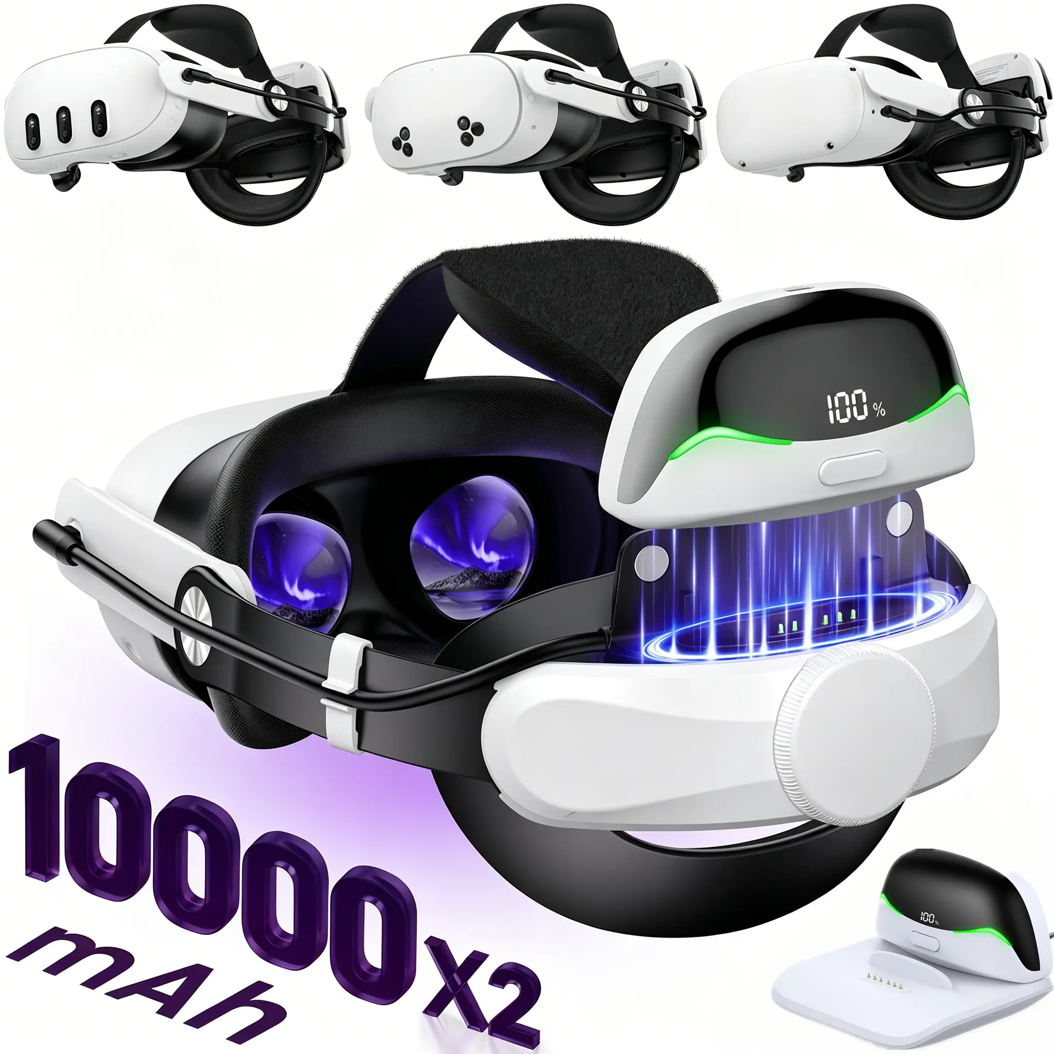 Rechargeable Virtual VR Head Strap for Meta Quest 2-3-3s & Oculus Quest 3, Wearable Devices Accessory with 10000 mAh Rechargeable Battery, Changeable Design, 5-Hour Extended Game Time, Adjustable Dual Knob, Manufacturer Warranty