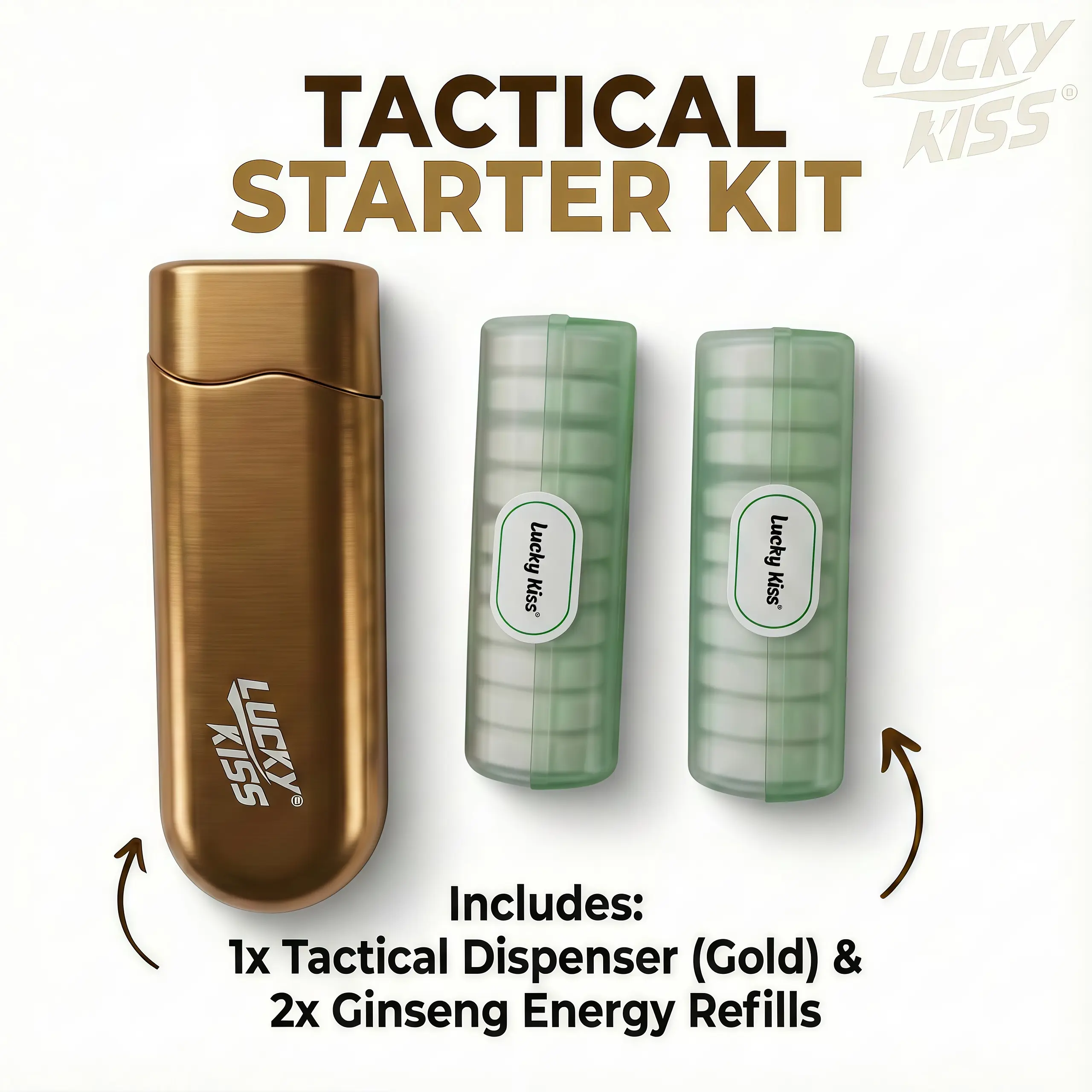 Lucky Kiss Ginseng Taurine Mints - Citrus Sweet Low Sugar Candy, Sugar-Free with Vitamin C, Guarana, Dye Free, Compact Adult Dispenser Snack, Everyday Car Console Treat for Workout Wake-Up Boost